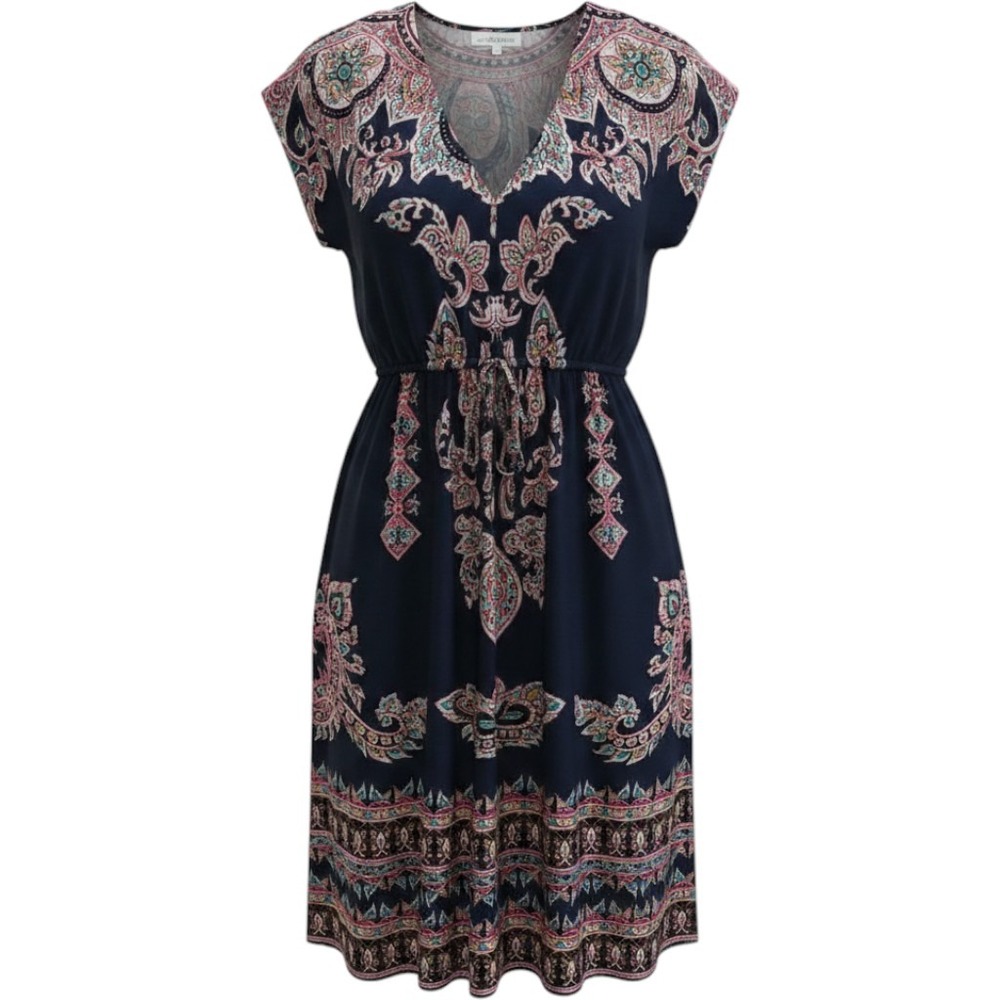 Miss Cocoa Paisley V-Neck Dress Navy Blue Boho Elastic Waist One Size ML